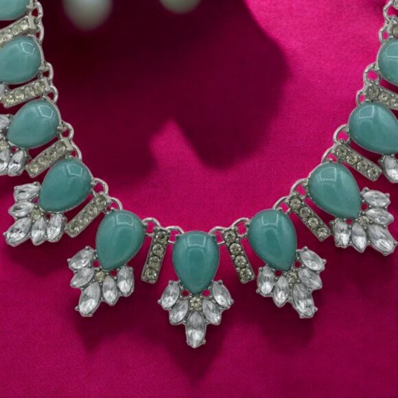Vintage Turquoise Look & Rhinestone Statement Necklace - Picture 2 of 6